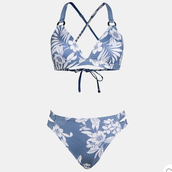 Cupshe Tropical Floral Cutout O-Ring, Back Tie, Mid Rise Bikini Set Swimsuit - Picture 14 of 16